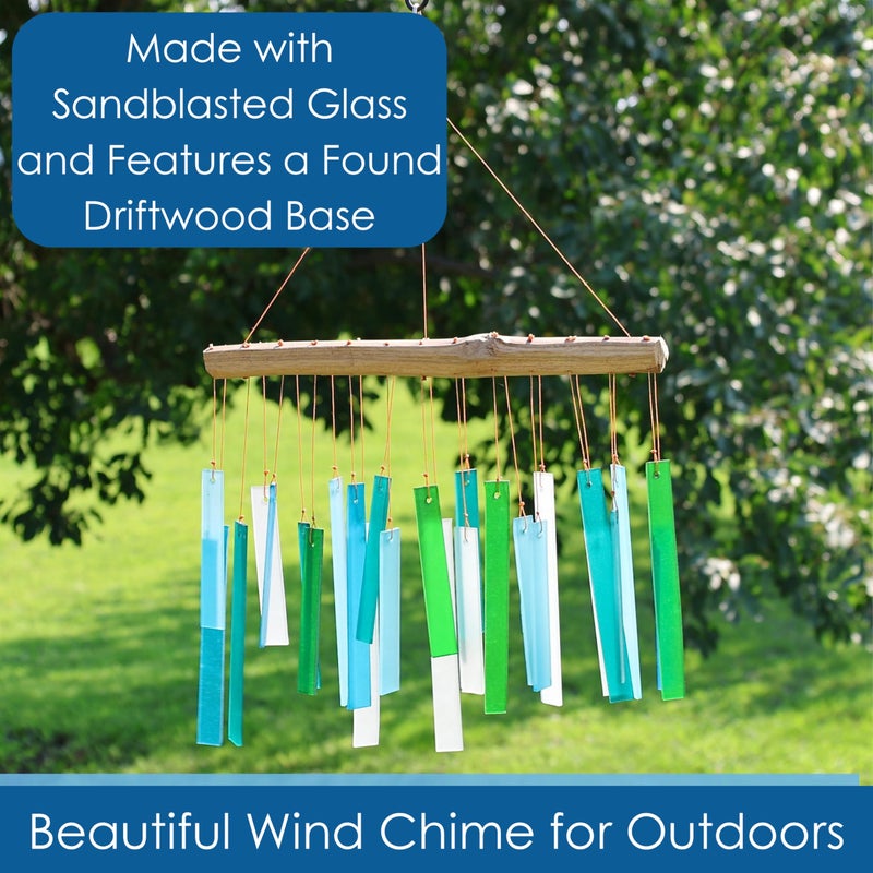 Gift Essentials Blue Handworks Sea Glass and Driftwood Chime - Sandblasted Glass and Found Wood Hand Crafted Wind Chime - Image 3